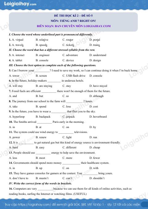 Đề thi học kì 2 Tiếng Anh 7 Right on! - Đề số 5
